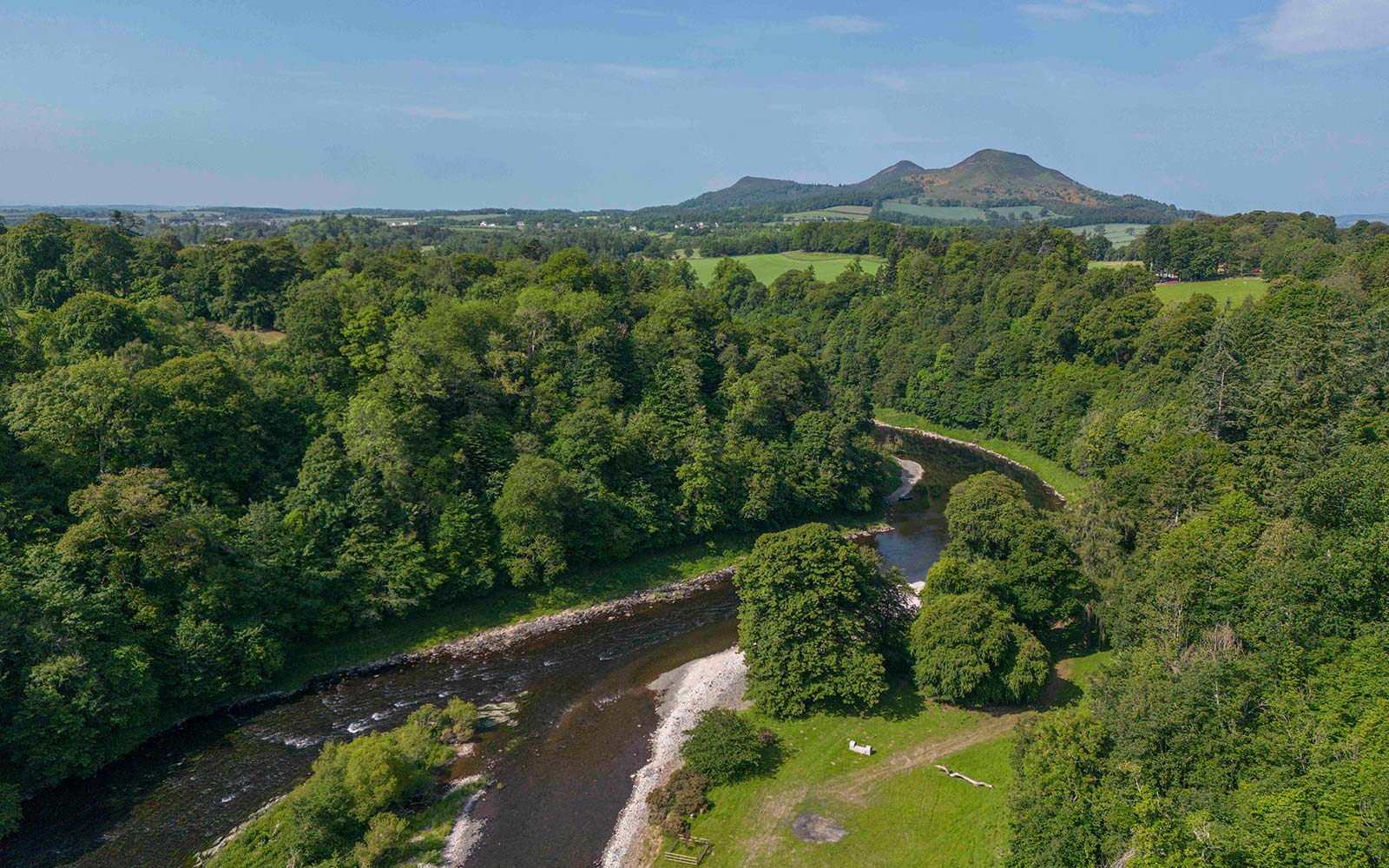 Old Melrose Estate looking up the River Tweed over to the Eildon Hills